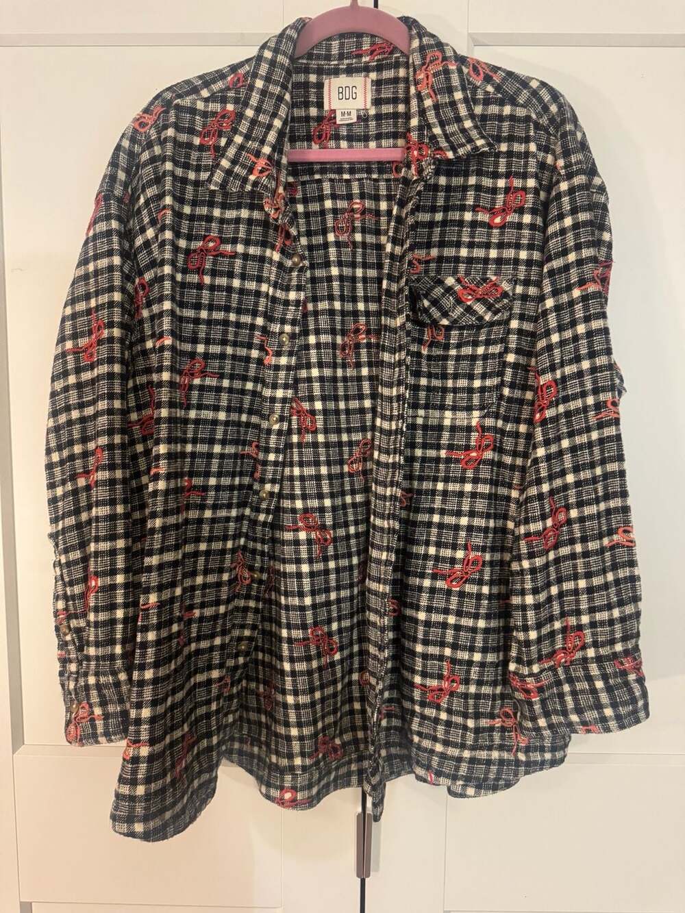 BDG Dani Embroidered Plaid Oversized Flannel Button-Down Shirt with Red Bows